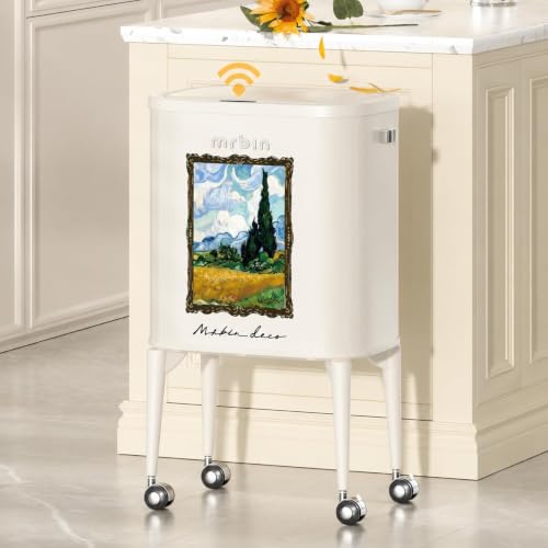 Image of MRBIN Metal Motion Sensor Kitchen Trash Can with Wheel Legs, 36L / 9.5gal Slim Waste Basket with Lid, Pet Proof Tall Narrow Garbage Pail for Vanity, Living Room, Bathroom, Bedroom, Wheatfield