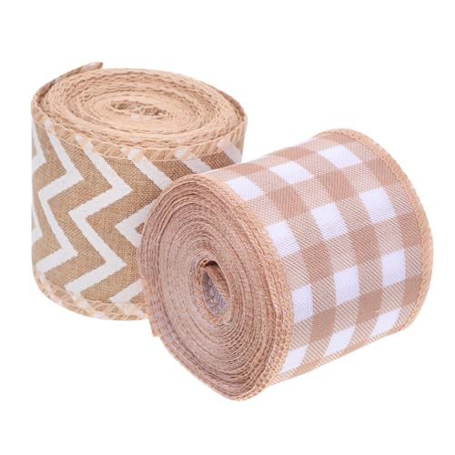 UPKOCH クリスマス用黄麻布リボンロール 2個入り Diyクラフト用 6cm ナチュラルジュート生地 クラシックチェック柄 ホリデーデコレーション プレゼントラッピング リボン作りに
