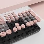 Guffercty kred Pink and Black Keyboard Mouse Wireless, Retro Typewriter Round Keycaps Full-Size Wireless Keyboard 2.4GHz for Desktop Laptop and PC (Dark Plum)