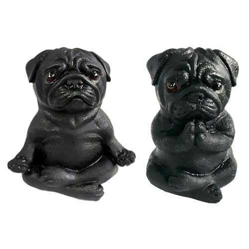 Rayberro 2 Pack Yoga Pug Sculptures Fairy Garden Figurines Meditating Statues Desktop Ornaments Home Office Decor Gift (Black)