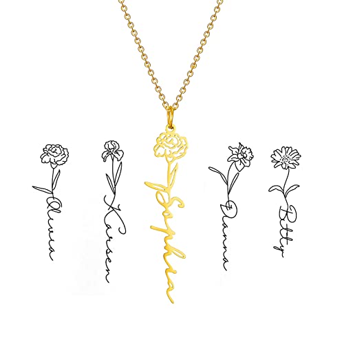 RWQIAN Collier En Acier Inoxydable Nom Personnalisé Chaîne Femmes Bijoux Prénom Collier de fleurs d'anniversaire