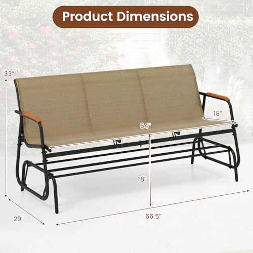 Image of Giantex Patio Glider, 3-Person Swing Gliding Loveseat with Curved Teak Armrests, Fabric Seat, Metal Frame, Load 990lbs, Outdoor Rocking Chair for Porch, Yard, Poolside (29 inchx66.5 inchx33 inch)