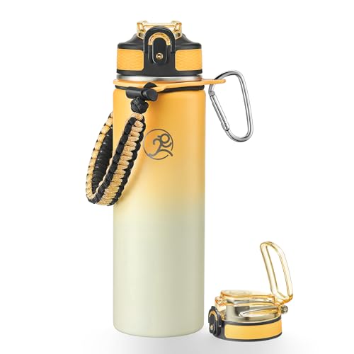 Image of GOSWAG 24oz Insulated Stainless Steel Travel Water Bottle, 2 Lids | with straw and no straw, Paracord handle, Double-wall vacuum keeps drinks cold or hot, Leakproof tumbler
