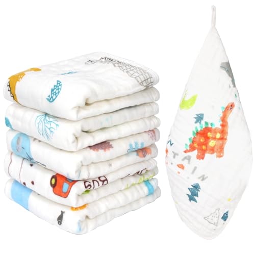 Image of THSAM Muslin Burp Cloths 100% Cotton 20''x10'' Hand Washcloths for Baby, Super Soft and Absorbent 6 Layers Baby Burping Cloth for Boys Girls (Dinosaur & Animals, 6 Pack)