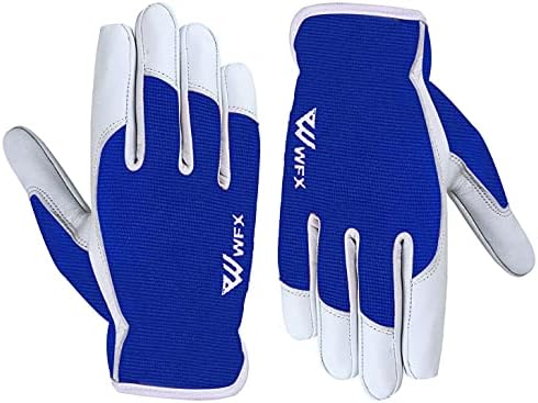 Leather Work Gloves Gardening Breathable Rigger Thorn Proof Palm Building Heavy Duty Gardening Gloves Ladies Mens Gripper Utility (Blue, Small)
