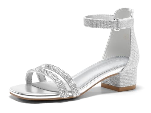 Image of Coutgo Girls Dress Shoes Sandals Chunky Low Heels Rhinestone Strap Flower Girl Wedding Party Shoes