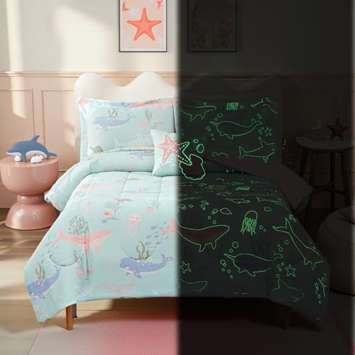 Glow in The Dark Kids Comforter Set Full Size for Girls, Ocean Animals Bedding Set 1 Comforter, 1 Decor Pillow, 2 Pillow Shams