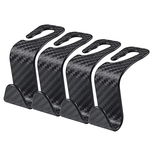 4 Pack Car Seat Headrest Hooks, Carbon Fiber Texture Purse Holder Storage Hook for Car Handbag Clothes Coats Grocery Bags, Black