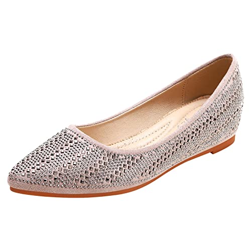 KUNWFNIX Women's Ballet Flats Crystal Wedding Ballerina Shoes Pointed Toe Pearl Diamond Low Heel Comfortable Dressy Work Business Dance Flats