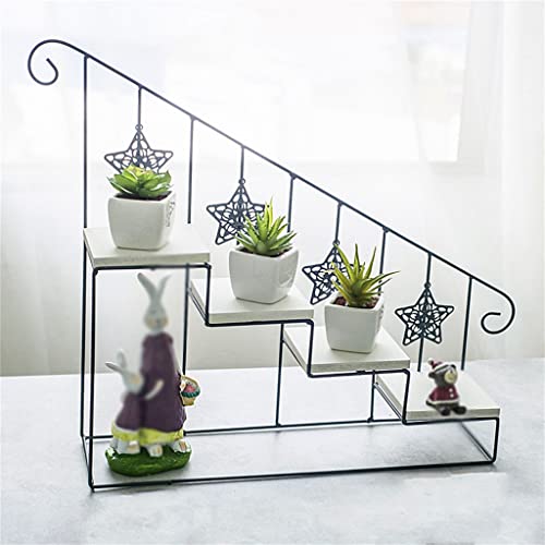 N/A Multi-Layer Floor-Standing Flower Pot Rack Wrought Iron Wooden Staircase Flower Rack Indoor Living Room Rack (Color : A, Size #TOP3