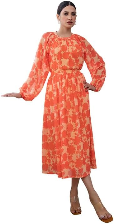 Gajula.Enterprises Women's Georgette Printed Regular Co-ord Set - Orange (2XL)
