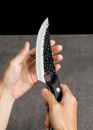 Image of 8 Inch Boning Knife Hand Forged Full Tang Chef Knife Razor Sharp Butcher Knife with Leather Sheath for Meat BBQ Camping Outdoor Viking Style Kitchen Knife