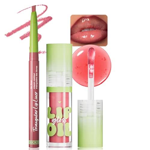 Coral Pink Lip Oil with Rose Nude Lip Liner Set,