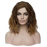 BERON 14' Women Girls Short Curly Bob Wavy Wig Body Wave Daily Hair Party Wigs (Dark Brown to Light Brown)