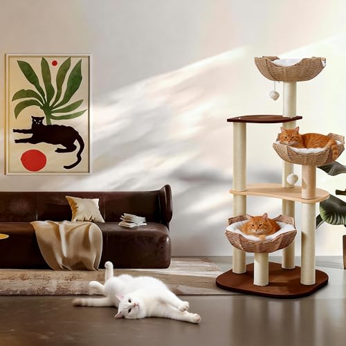 Torre para gatos moderna con cesta tejida y postes de sisal miniatura 6