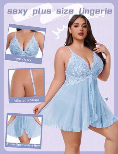 Image of Avidlove Plus Size Lingerie for Women Sexy Lingerie Dress Lace Babydoll Lingerie V-Neck Open Front Strap Nightdress
