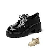 Women's Patent Leather Slip-On Chunky Platform Oxford Fashion Round Toe Lace-Up Chunky Heightening Lug Sole Loafers Non Slip Business Office Dress Shoes (8.5,Black)