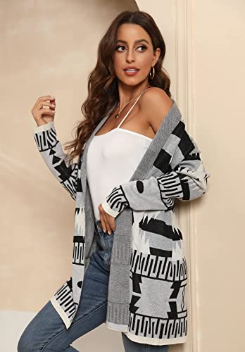 Women's Drop Shoulder Aztec Sweater Cardigan Outwear Long Sleeve Loose Knit Chunky Cardigan Sweater Coat Open Front #TOP2