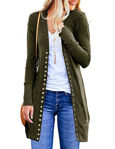 MEROKEETY Women's Long Sleeve Snap Button Down Solid Color Knit Ribbed Neckline Cardigans Army Green