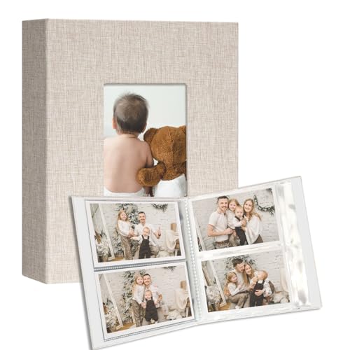 Image of Vienrose Small Photo Album 4x6 holds 200 Photos 2 Pack, Mini Baby Photo Album Linen Cover for Gifts Wedding Family, Beige
