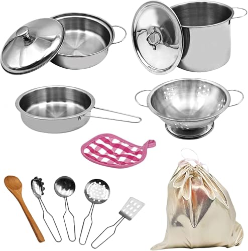 Kitchen Toys Toy Pots and Pans Set 12 PCS Stainless Steel Pretend Cooking Utensils Cookware Set Play Pots and Pans Toys Packed In a Golden Cloth Bag Chef Role Playset Cooking Set for aged 15+