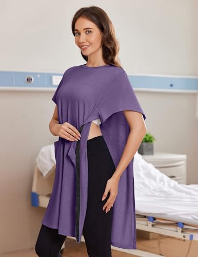Image of Deyeek Women's Post Shoulder Surgery Hospital Gowns Tear Away Short Sleeve Full Open Side Snap Adaptive Clothing Nightgowns