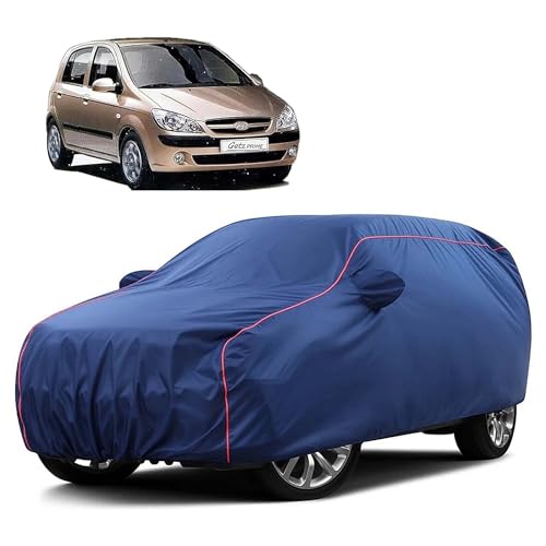 Image of Sulfar 100% Water Resistant Car Body Cover Compatible with Mirror for Hyundai Getz (Triple Stitched, Full Bottom Elastic, Blue Taffeta with Red Piping)