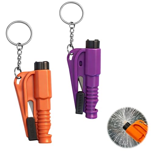 2 Pcs Car Window Breaker Tool Keychain, 3 in 1 Escape Tools, Emergency Keychain Car Escape Tool Applicable to All Cars (Purple and Orange)