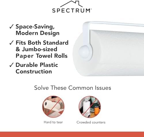 Spectrum Paper Towel Holder for Under Cabinet - Hanging Wall Mount Paper Towel Holder for Kitchen - Easy-to-Use Fits Standard & Jumbo Rolls - Minimalist Paper Towel Roll Rack by Spectrum - Used condition - Image 3