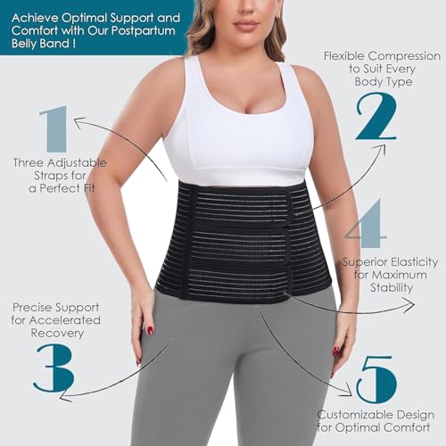 Postpartum Belly Band Abdominal Binder Post Surgery, for Natural Delivery & C-Section Recovery, 9.7" High Adjustable Compression Belly Wrap,Polyester Made with Bamboo Charcoal Fiber(Black, S/M)2