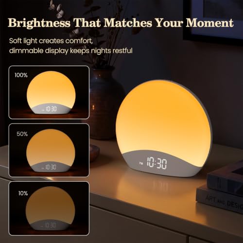 Image of REACHER Sound Machine Sunrise Alarm Clock with Night Light, 26 Nature Inspired Sleep Sounds, 0-100% Dimmable Clock, Sunrise Lamp, Wake Up Light, Brown /Pink /White Noise Machine for Babys, Adults, Kids