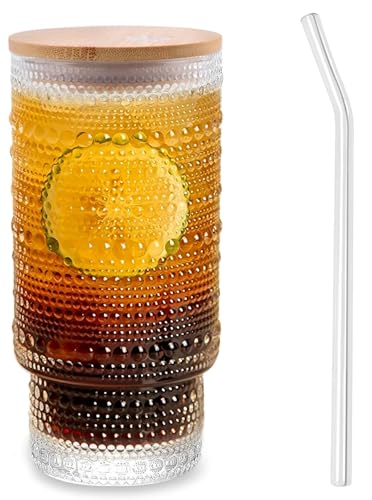 Image of KHOLAD Vintage Drinking Glasses Tumbler Set Of 1 With Bamboo Lids And Straws, Clear Fluted Textured Old Fashion Embossed Glass Sipper Iced Coffee Cups For Beer, Cocktail, Beverage (Embosse), 400Ml