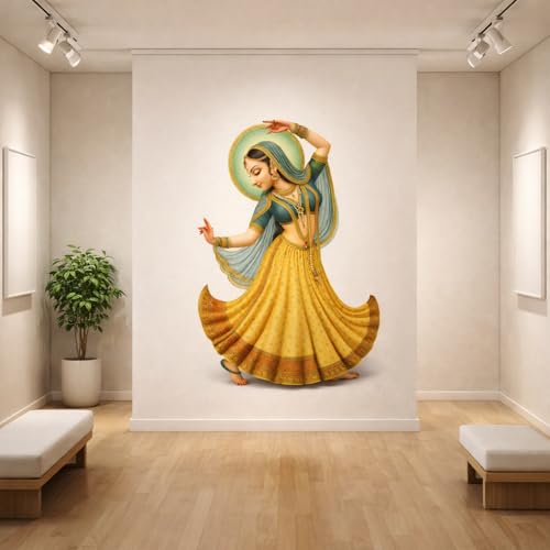 Image of Rangoli Indian Classical Dancer Wall Sticker 15.5 x 24 Inch Traditional Art Design Self Adhesive Wall Decor for Living Room Bedroom Hall Cultural Theme Wall Art