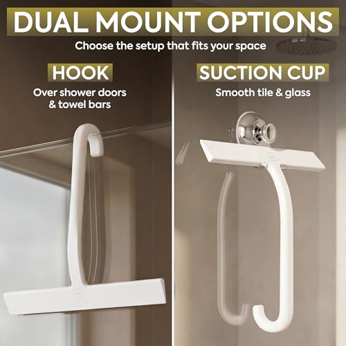 Image of GUTEWERK Shower Squeegee for Glass Doors - Bathroom Squeegee for Shower Glass & Tile Walls, Streak-Free & No-Squeak Silicone Blade, Stainless Steel Core, Hang Hook + Suction Cup, White, 10 Inch
