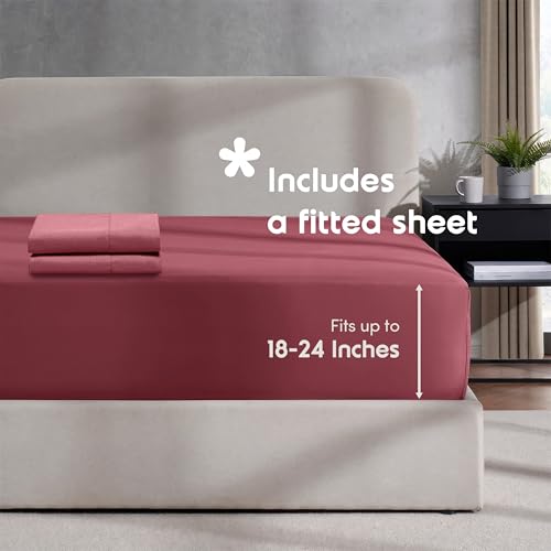 Image of Hearth & Harbor Burgundy Red Duvet Cover with Fitted Sheet King Size | 4 Piece Soft Double Brushed Bedding Set, Button Closure, 1 Duvet Cover 104x90 Inches, 1 Fitted Sheet, 2 Pillow Shams
