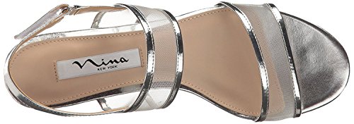 Nina Ganice - Women's Mesh Block Low-Heel Hook & Loop Dressy Sandal Shoes - Silver M090 #TOP4