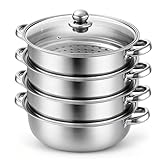 28 cm Dampfgarer, Edelstahl Dampfgarer mit Glasabdeckung, 3-Stufiges Dampfgarers-Topfset, Ampfkocher Schongarer Induktion Dampfkochtopf, zum Garen von Gemüse,Meeresfrüchten,Suppen,Eintöpfen (4 Tiers)