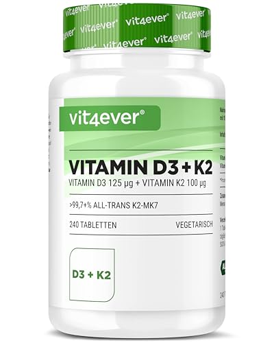Vitamine D3 + K2 Depot - 240 Comprimés avec 5000 E.I. + Vitamine K2 200 mcg par UN comprimé - 99,7+% All-Trans (K2VITAL® by Kappa) - Hautement dosé
