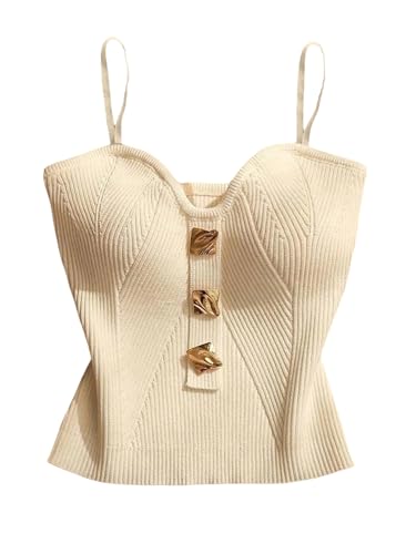 MakeMeChic Women's Sleeveless Tank Crop Tops Metal Decor Spaghetti Strap Knit Going Out Camisole