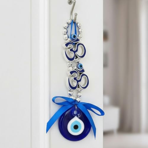 Image of BLUE BEADS Turkish Feng Shui Vastu Blue Glass Evil Eye Hanging /Door Hanging Nazar Batu for Protection and Good Luck - Perfect for Gifting Home or Office (Double Om)
