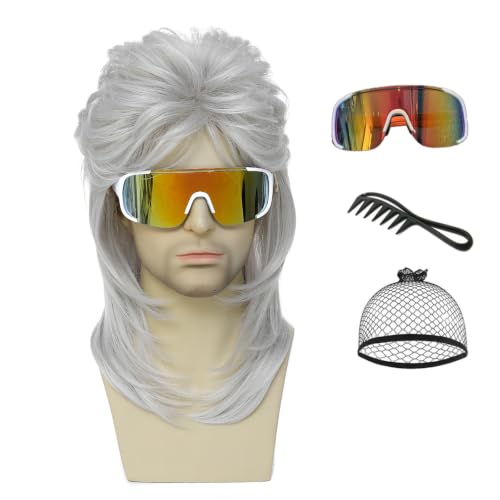 Traqur 80s Mullet Wig for Men Fluffy Layered Shaggy Synthetic Hair Wig Vintage Rock Disco Costume Wig for Halloween Cosplay Themed Party, Light Gray