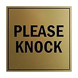 Square Please Knock Sign with Adhesive Tape, Mounts On Any Surface (Brushed Gold) - Small