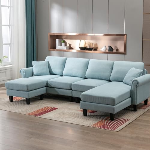 Image of Nathan 6 Seater L Shape Sofa with Centre Table | 6 Seater Sofa Set for Living Room | Premium Fabric Sofas (Nathan LightBlue, RHS)