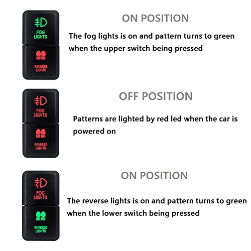 Image of Fog Lights & Reverse Lights Symbol Dual Push Button Switch Red & Green Led Backlit On-Off Push Switch for Toyota Tacoma Prado FJ Cruiser 3Amp /12V (1.54'' X 0.83'')