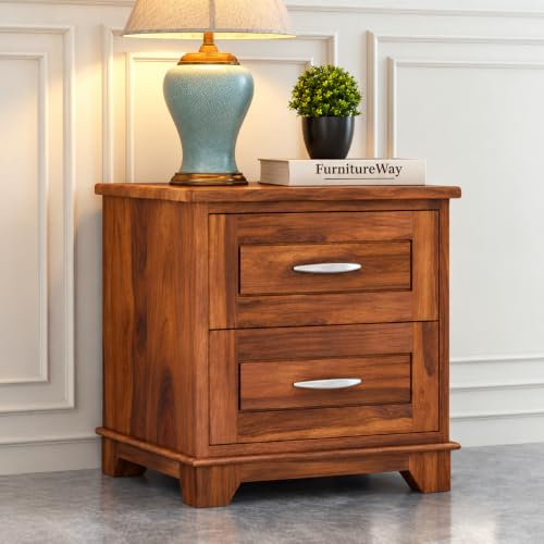 Image of Solid Sheesham Wood Bedside Table with 2 Drawers | Wooden Nightstand for Bedroom | Bed Side Table with Storage | Natural Finish