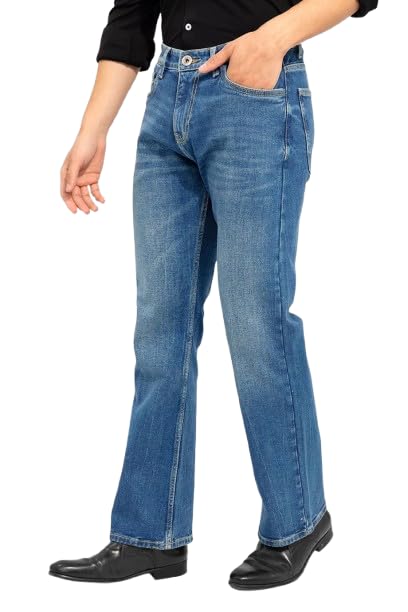 Image of Waltz Men's High Waist Stretchable Boot Cut Wide Leg Flared Casual Denim Bell Bottom Jeans Pants for Men - Comes in Multiple Sizes & Colours (Black, Dark & Light Blue, Grey, White & Khaki) 28 to 40