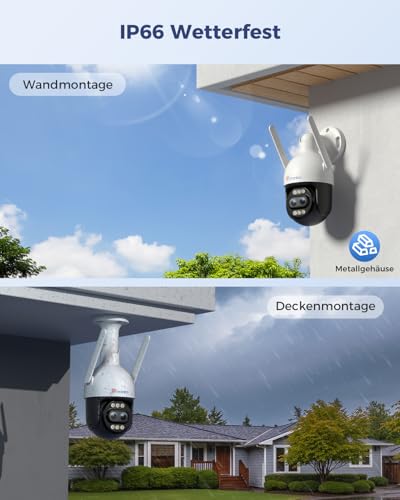 Ctronics [10X Hybrid Zoom 4K &Uuml;berwachungskamera Aussen Dual-Lens, Metal WLAN Kamera 2,4/5GHz, Auto Track&Zoom, Personen/Fahrzeug/Tiererkennung, FTP&NVR, 256GB TF/Cloud/PC, Farbnachtsicht, IP66