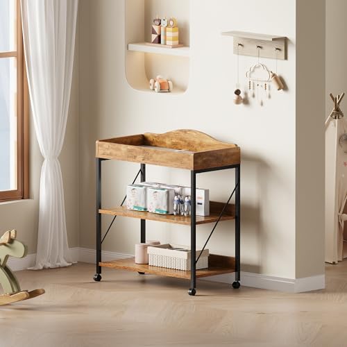 Image of Baby Changing Table, Diaper Station with Pad, 2-Tier Shelves, Rustic Brown