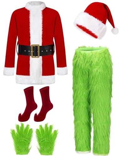 Watato Christmas Costume for Men Green Giant Monster Adult 7PCS Deluxe Santa Suit Furry Halloween Cosplay Outfit for Xmas XL