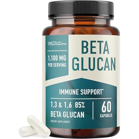 Beta Glucan Supplement 1100mg for Immunity, Skin & Gut Support | 1,3D & 1,6 Beta Glucans Extra Strength Formula | 70% Concentrated & Over 500mg Per Capsule | Non-GMO, Vegan, Gluten-Free 60ct Cover